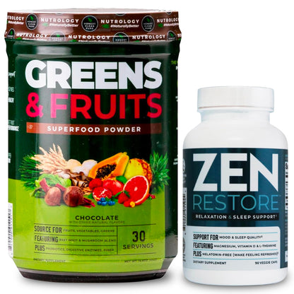 Two health products: a superfood powder container labeled 'Greens & Fruits' and a supplement bottle labeled 'Zen Restore' on a white background.
