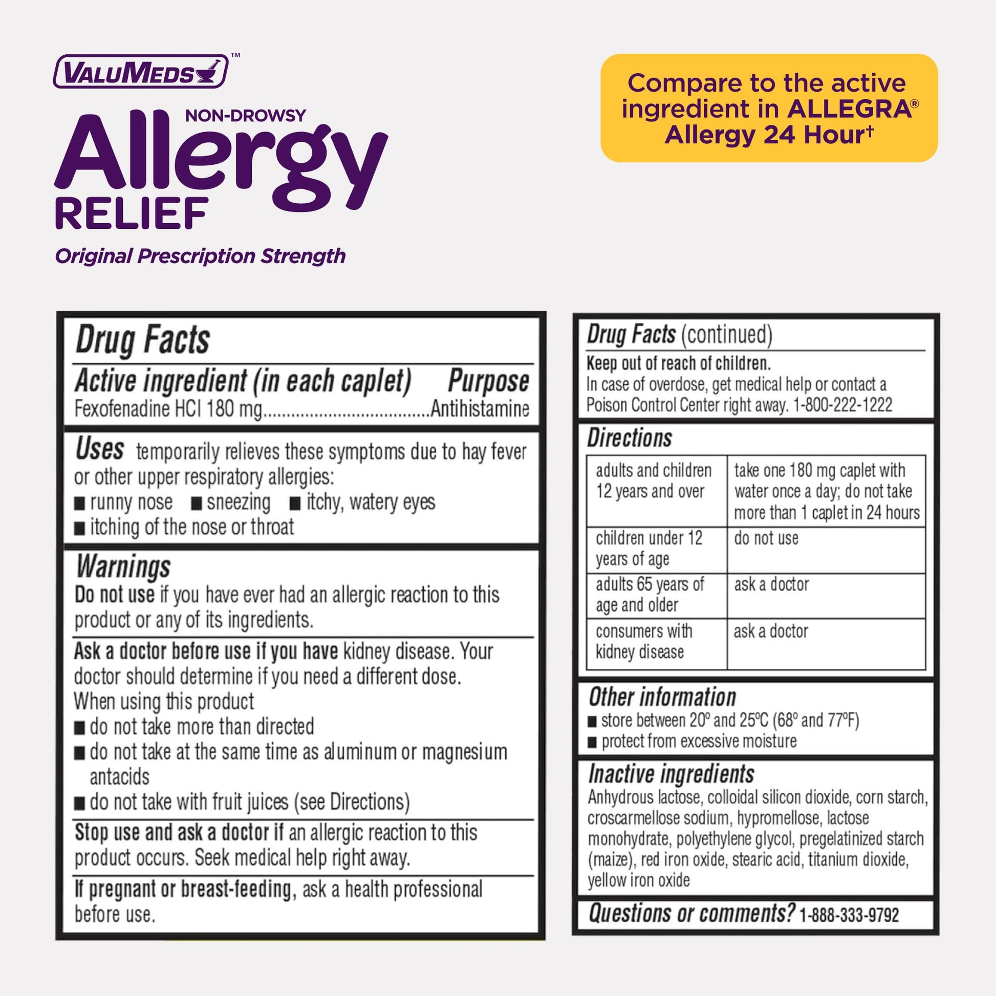 ValuMeds | Compare to Allegra | Fexofenadine HCl 180mg | 24-Hour Allergy Relief, Non-Drowsy Antihistamine Generic Medicine for Allergies, Hay Fever, Itchy Eyes | for Kids & Adults (100 Count) ValuMeds buy supplements Au