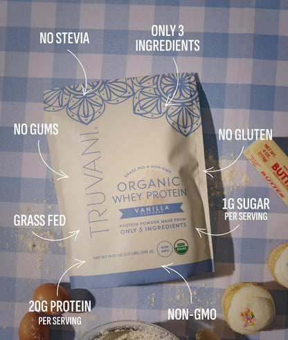 Truvani Organic Whey Protein Powder | Vanilla | 20 Servings | 20g Grass Fed Whey Protein | USDA Organic & Non-GMO | Gluten Free | No Gums, No Soy, No Stevia, No Added Sugars