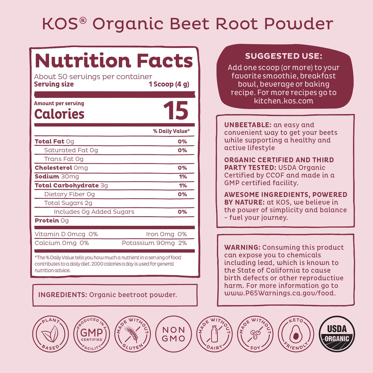 KOS Organic Beet Root Powder, USDA Certified - Superfood Plant Based Beetroot Ingredient for Stamina Increasing, Circulation - Non-GMO, Soy & Gluten-Free, 50 Servings Bag KOS buy supplements Au