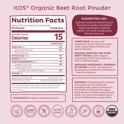 KOS Organic Beet Root Powder, USDA Certified - Superfood Plant Based Beetroot Ingredient for Stamina Increasing, Circulation - Non-GMO, Soy & Gluten-Free, 50 Servings Bag KOS buy supplements Au