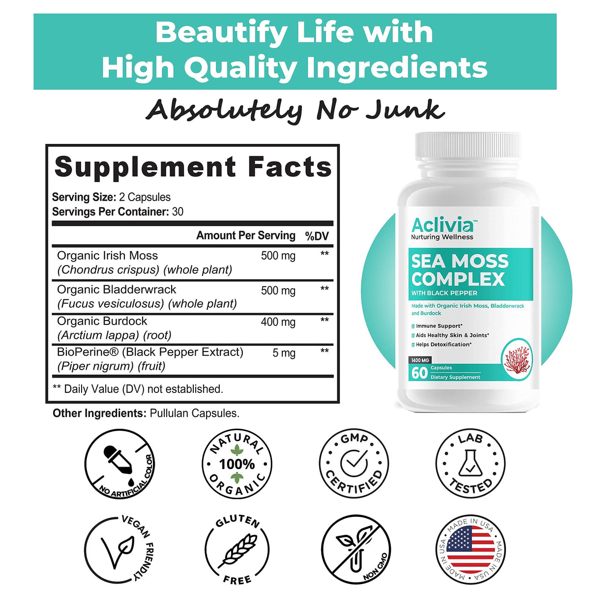Aclivia - Organic Irish Sea Moss Capsules with Bladderwrack & Burdock Root - 102 Minerals Sea Moss Supplement - Thyroid Support, Immune Boost - Non-GMO (60 Count) AcliviaBuy Supplements Australia