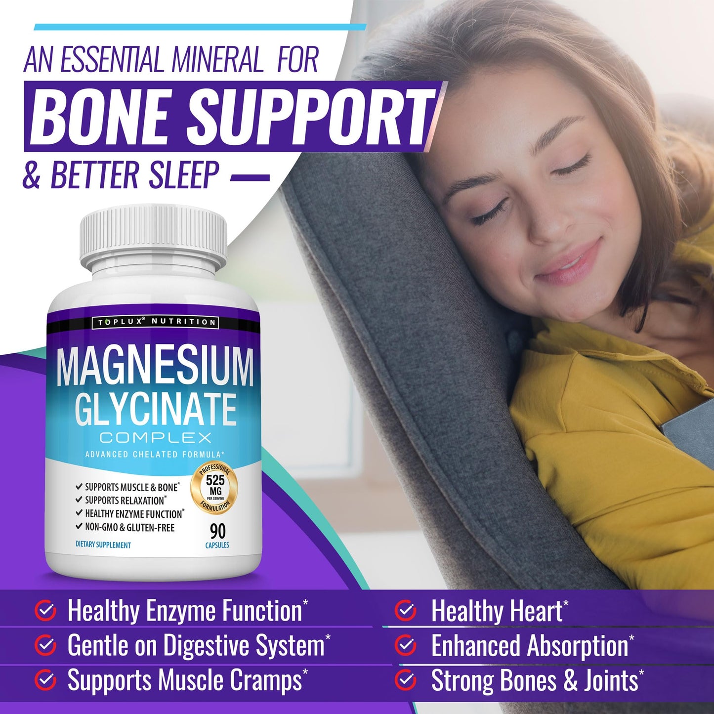 Magnesium Glycinate 525mg - High Absorption Chelated Magnesium Supplement Made with Pure Magnesium Glycinate - Supports Muscles, Sleep, Cramps, Recovery Bisglycinate