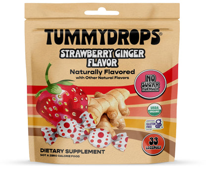 Tummydrops, No Sugar Strawberry Ginger Flavor, Gluten Free & Vegan, 33 Individually Wrapped Organic Ginger Lozenges Made with Organic Monkfruit