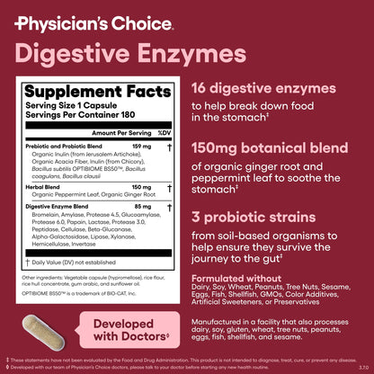 Physician's CHOICE Digestive Enzymes for Bloating & Digestion - Fast-Acting 16 Enzyme Formula with Organic Prebiotics & Probiotics for Gut & Digestive Health - Meal Time Discomfort Relief - 60 CT