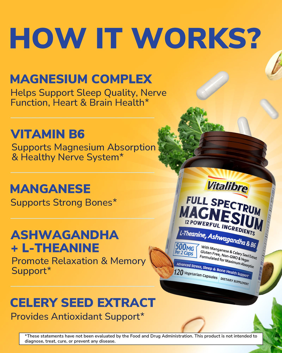 Vitalibre Magnesium Complex Supplement 500mg + Ashwagandha, L-Theanine, Vitamin B6 & Celery, High Absorption Magnesium Glycinate, Citrate, Malate, Sleep & Bone Support, 120 Vegan Capsules Vitalibre buy supplements Au