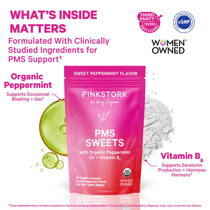 Pink Stork Organic PMS Support Sweets for Teens and Women - Simple & Natural Ingredients Vitamin B6 and Peppermint - Period, Digestion, Bloating, Mood Swings - 30 Drops