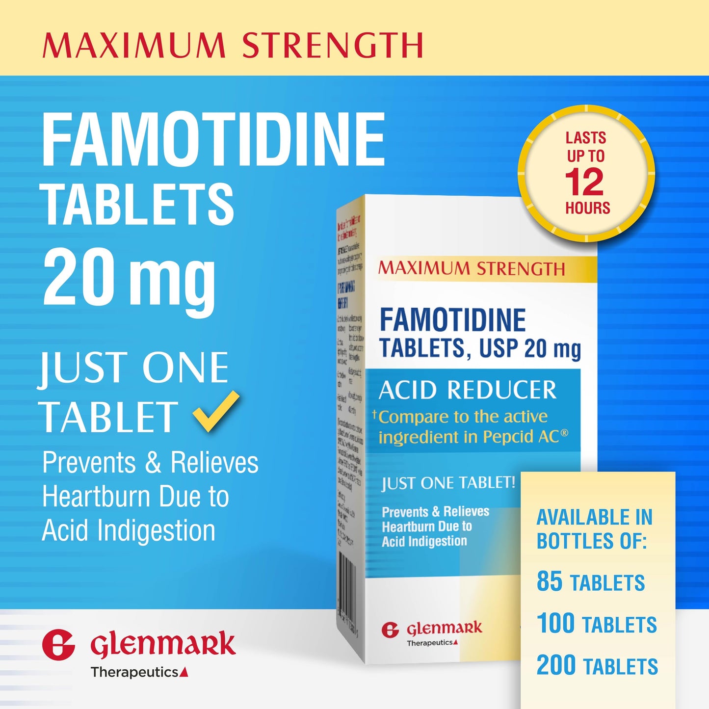 Glenmark Maximum Strength Famotidine Tablets, 20 mg, Acid Reducer for Heartburn Relief, 200 Count Glenmark Therapeutics buy supplements Au