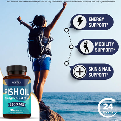 NEW AGE Omega 3 Fish Oil 2500mg Supplement Non GMO - EPA, DHA Fatty Acids Gluten Free (180 Softgels (Pack of 2)) NEW AGE buy supplements Au