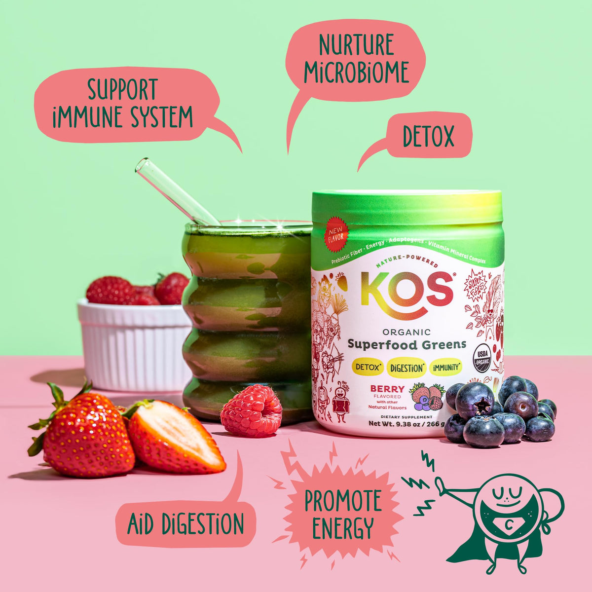 KOS Organic Superfood Greens Powder - Gut Health from Prebiotic Fiber, Supergreens and Adaptogens - USDA Certified Organic, Made in a GMP Certified Facility - 28 Servings Berry KOS buy supplements Au