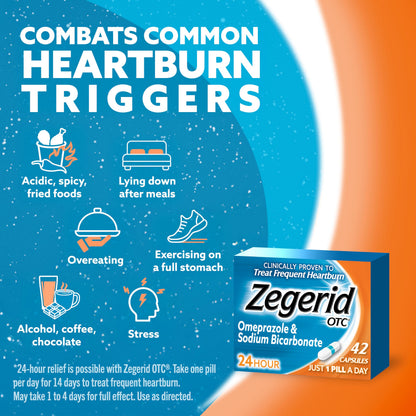 Zegerid OTC, 24-Hour Heartburn Relief, Acid Reflux Medicine and Antacid, Treats Frequent Heartburn, Omeprazole 20mg + Sodium Bicarbonate, Proton Pump Inhibitor (PPI), 42 Capsules