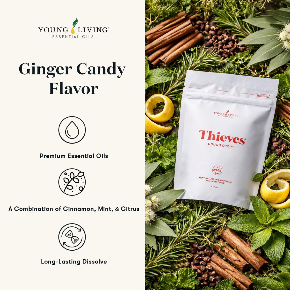 Young Living Thieves Cough Drops | 30 ct | Cinnamon & Menthol Flavor | with Thieves Essential Oil Blend of Lemon, Clove, Eucalyptus, Rosemary, & Peppermint | Sugar Free | Cooling Throat Comfort