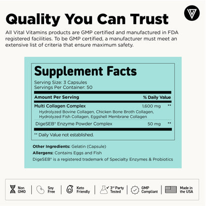 Vital Vitamins Multi Collagen for Women & Men - Type I, II, III, V, X - Grass Fed, Non-GMO - 150 Capsules