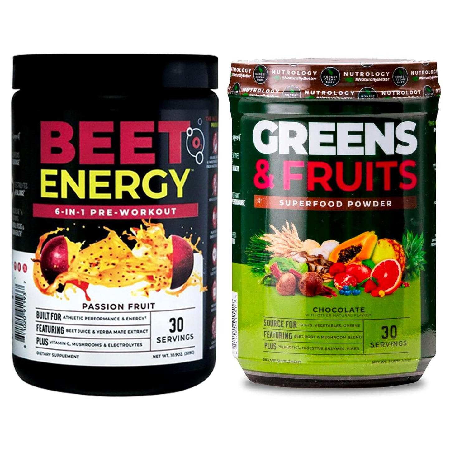 Two supplement containers labeled 'Beet Energy' and 'Greens & Fruits' on a white background.