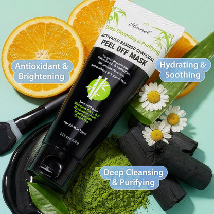 Ebanel Charcoal Peel Off Face Mask Applicator Set, Deep Pore Cleansing Minimizer Blackhead Remover with Niacinamide, Hyaluronic Acid, Vitamin C, Green Tea, Deep Cleanse Black Masks Peel Off Gel Mask