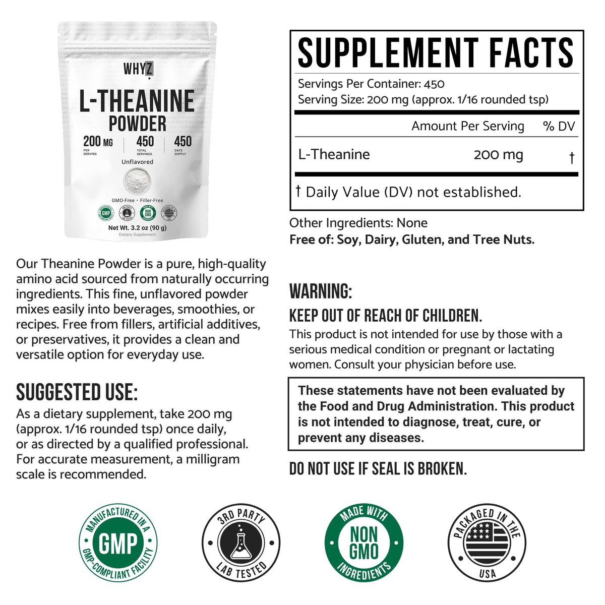Pure L-Theanine Powder Unflavored Amino Acid Supplement Powder from Fine L-Theanine for Smooth Mixing Vegan Friendly Non-GMO No-Additives for Smoothies Drinks and Daily Nutrition Support, 3.2 oz (90g) WHYZBuy Supplements Australia