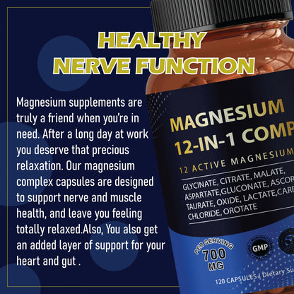 Puravita Magnesium Complex 700mg 12 in 1 Magnesium Supplement with Glycinate, Citrate, Malate & More | Easy Absorption, Energy Support, Vegan & Non-GMO | 120 Capsules (1pc) YPRYPR buy supplements Au