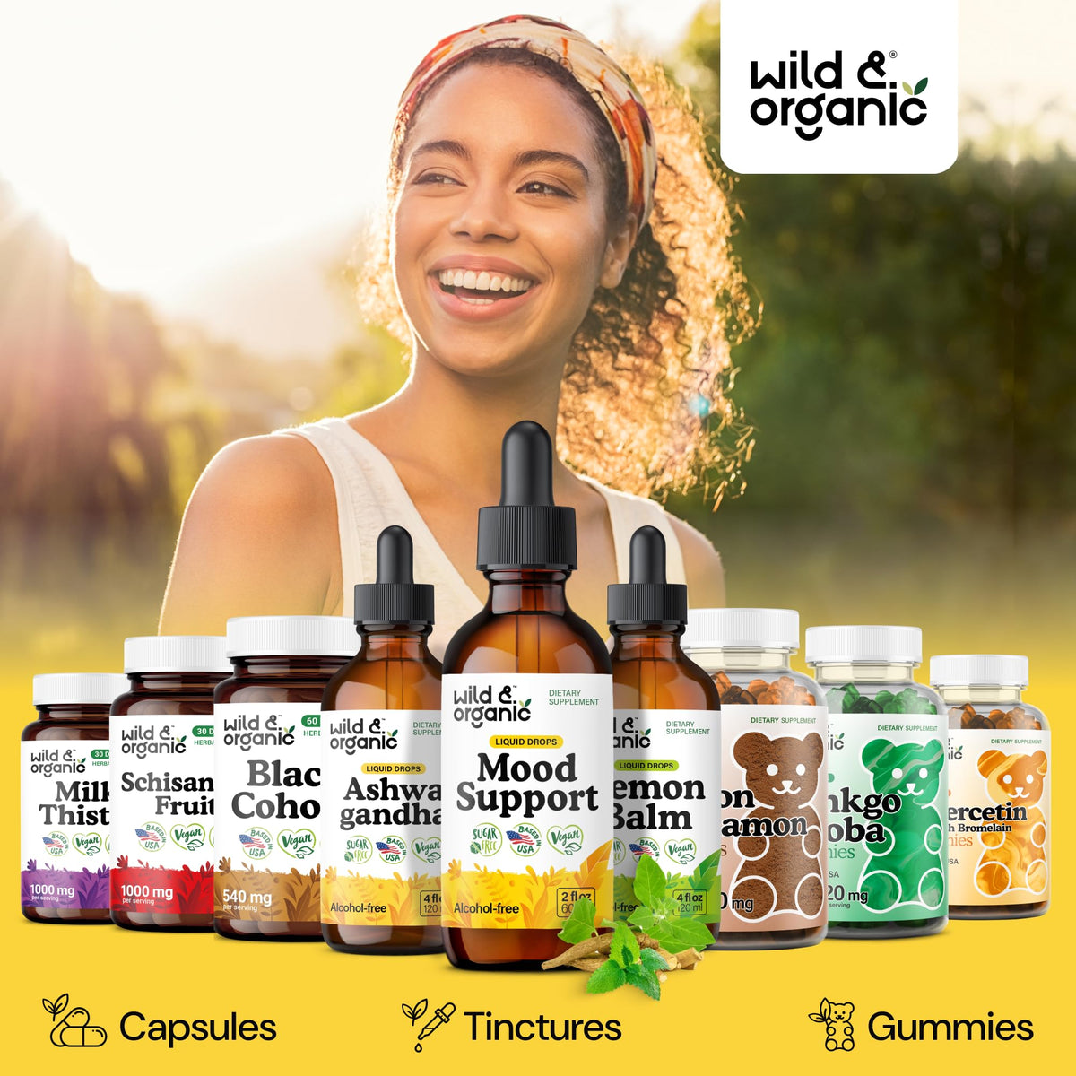 Wild & Organic Mood Support Drops - Good Mood Supplements w/Ashwagandha Root & Rhodiola Rosea - Natural Liquid Drops for Positive Energy - Calm and Relax Supplements for Women and Men - 2 oz