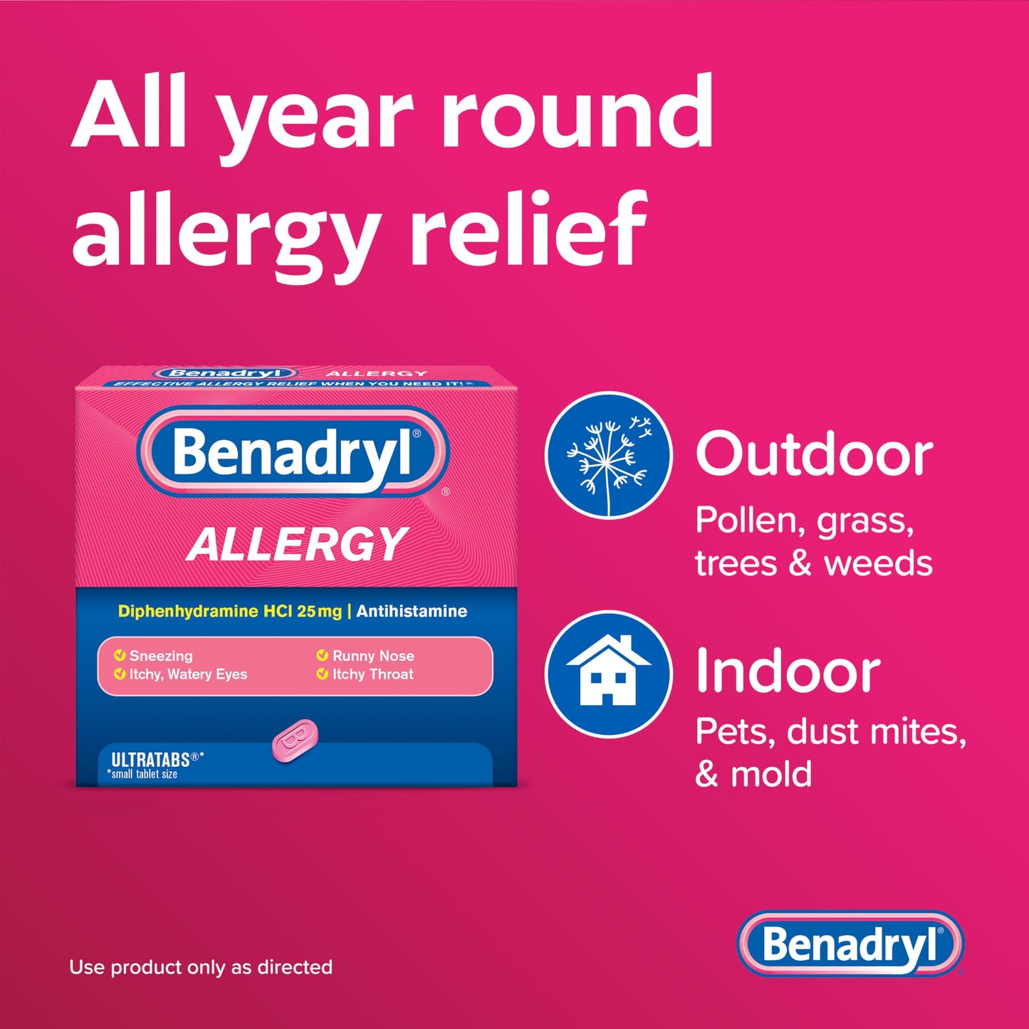 Benadryl Ultratabs Allergy Medicine, 25 mg Diphenhydramine HCl Antihistamine Tablets For Cold & Allergy Relief of Symptoms Like Sneezing, Runny Nose, Itchy Eyes & Throat, Hay Fever, 100 Count Tablets Benadryl buy supplements Au
