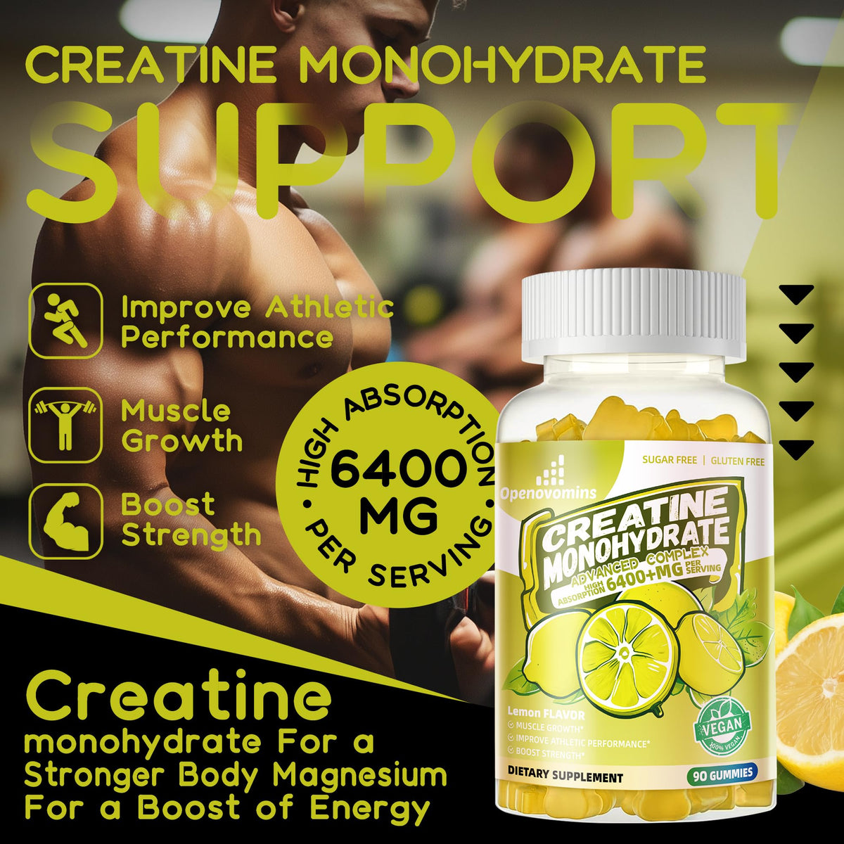 Creatine Monohydrate Gummies Complex for Men & Women -Advanced Formula W/L-Taurine + Vitamin B12, Sugar Free Chewable Supplement,90 Lemon Gummies Openovomins buy supplements Au