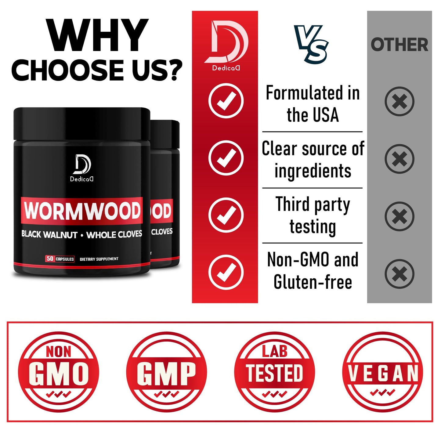 DEDICAD Wormwood Capsules - 12 Herbs Blended Black Walnut, Cloves, Ginger, Turmeric, Cinnamon, Apple, Quassia - 2 Packs 50 Capsules DEDICAD buy supplements Au