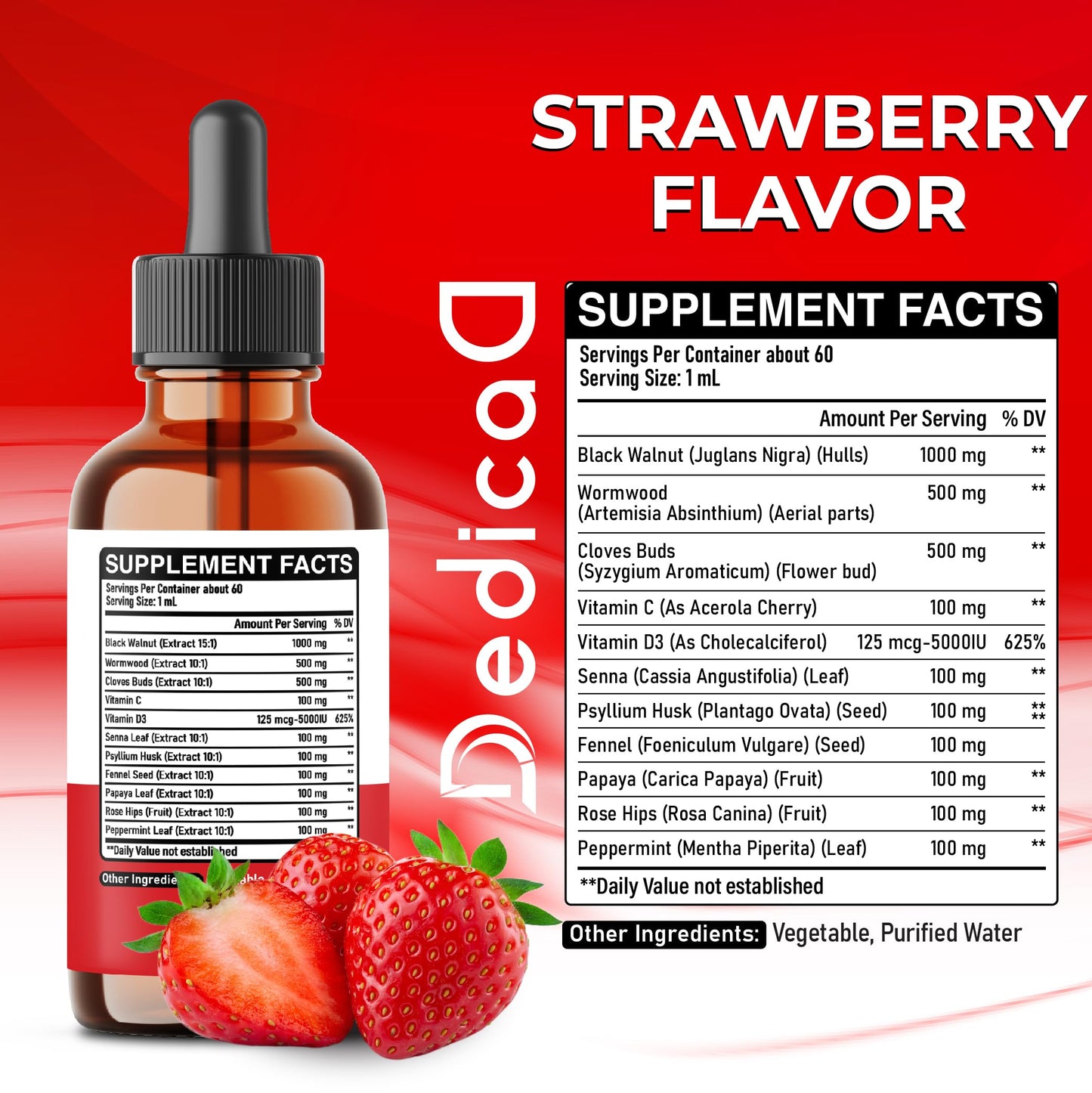 DEDICAD 11in1 Black Walnut Wormwood Cloves Liquid Drops with Cloves Buds, Senna Leaf, Psyllium Husk, Fennel Seed, Papaya Leaf and More - 2 oz Fl - 60 Days - Strawberry Flavor DEDICAD buy supplements Au