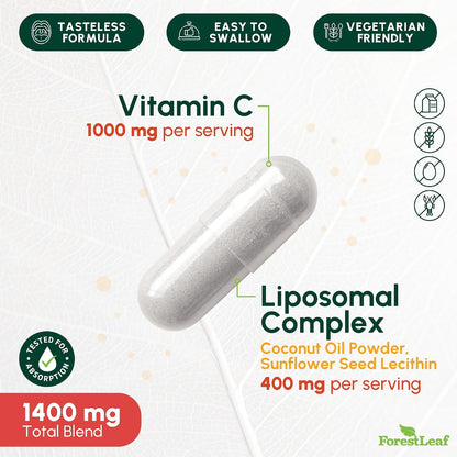 ForestLeaf Liposomal Vitamin C 1400mg Capsules | High Dose Vitamin C Liposomal Supplement w Coconut Oil Fatty Acids | Fast Absorption | Immune Support, Antioxidant, Collagen Production | 120 Vegan Cap