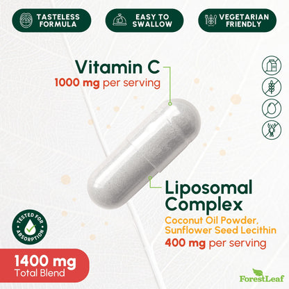 ForestLeaf Liposomal Vitamin C 1400mg Capsules | High Dose Vitamin C Liposomal Supplement w Coconut Oil Fatty Acids | Fast Absorption | Immune Support, Antioxidant, Collagen Production | 120 Vegan Cap