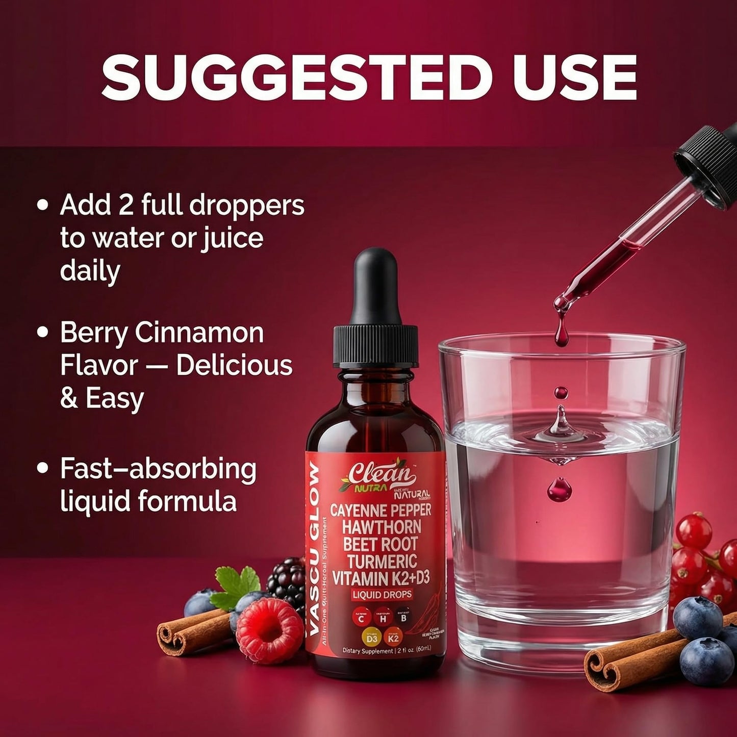 Clean Nutra Cayenne Pepper Drops Supplement Liquid + Hawthorn Berry, Vitamin D3 K2 Beet Root Powder, Ceylon Cinnamon, Turmeric Curcumin