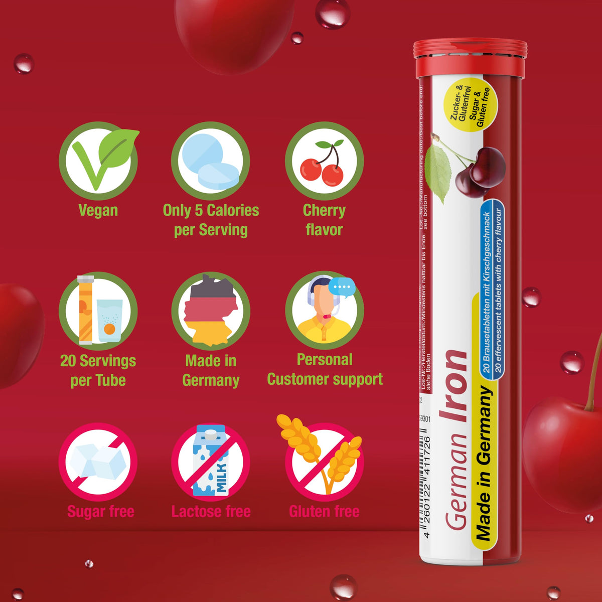 T&D German Iron 14 mg - 60 Vegan Drink Effervescent Tablets - Cherry Flavor - Made in Germany T&D buy supplements Au