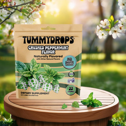tummy drops No Sugar Crushed Peppermint Flavor, Gluten Free & Vegan, 33 Individually Wrapped Pure Peppermint Oil Lozenges Made with Organic Monkfruit