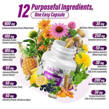 Lazpowfi Lymphatic Drainage Supplements, 1540mg Lymph System Support Supplement for Women & Men with Dandelion, Burdock, Echinacea,Rutin, Turmeric,Cleavers & More, 60 Capsules Lazpowfi buy supplements Au