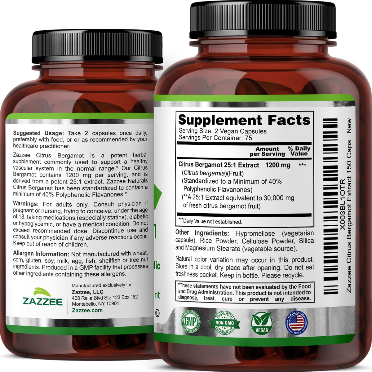 Zazzee Citrus Bergamot 25:1 Extract, 1200 mg Per Serving, 40% Polyphenolic Flavanones, 150 Vegan Capsules, 5 Month Supply, Citrus Bergamia, Antioxidant Support, Certified Kosher, Non-GMO, Made in USA ZazzeeBuy Supplements Australia