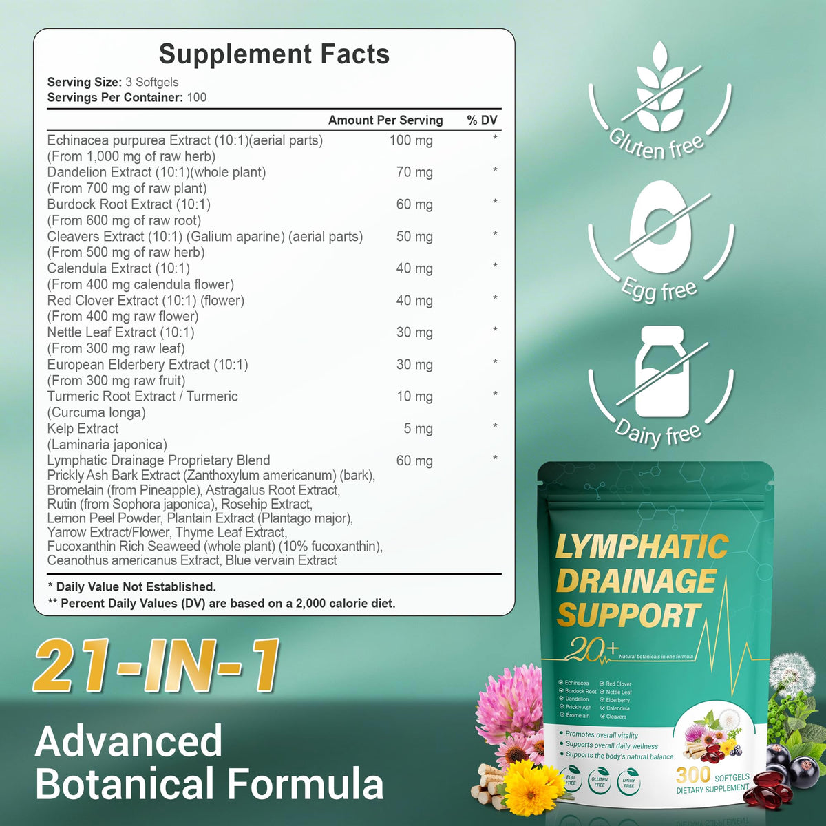 Kaseano Lymphatic Drainage Supplement 300 Softgels 21-in-1 Herbal Blend with Echinacea, Dandelion, Burdock Root Lymph System Support Fluid Balance & Immune System for Women & Men Kaseano buy supplements Au