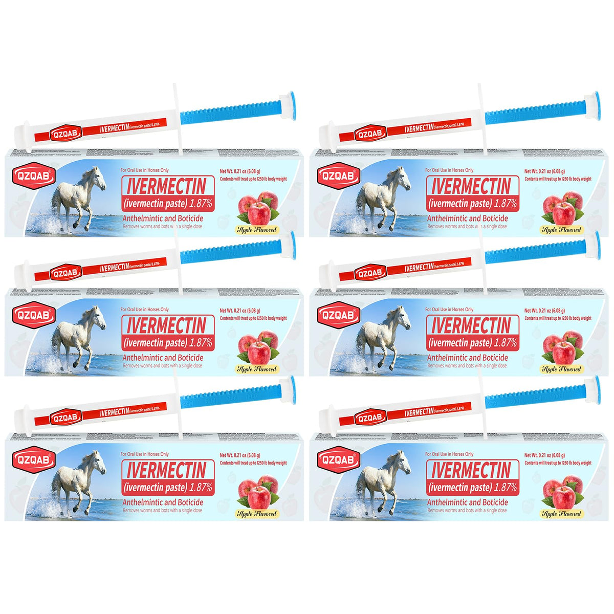 Multiple boxes of Ivermectin paste for horses on a white background