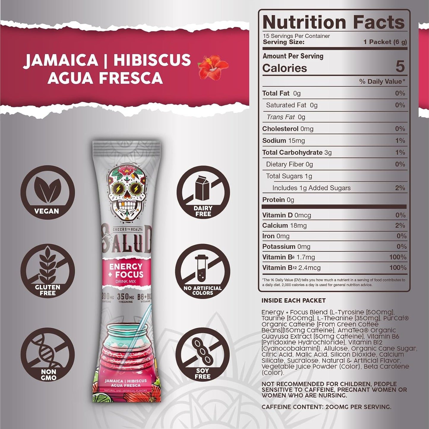 Salud 2-Pack |2-in-1 Energy + Focus (Pineapple Mango) & Energy + Focus (Hibiscus) – 15 Servings Each, Agua Fresca Drink Mix, Non-GMO, Gluten Free, Vegan, Low Calorie, 1g of Sugar