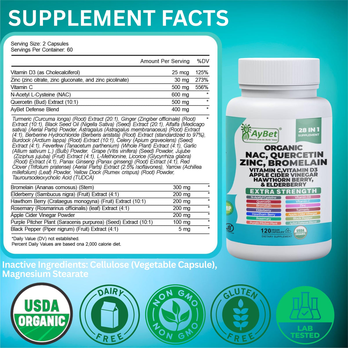 NAC-n-acetyl cysteine- Quercetin Zinc Bromelain Supplement | Extra Strength with Vit C, D3, Apple Cider Vinegar, Elderberry, Hawthorn Berry, Turmeric | Immune Support|120 Vegan Capsules | USDA Organic AyBetBuy Supplements Australia