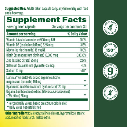 MegaFood Hair Growth – Clinically Studied Lustriva & Hyaluronic Acid - Biotin 10000mcg, Thicker & Fuller Existing Hair Growth Vitamins - 30 Vegetarian Capsules, 30 Servings MegaFood buy supplements Au