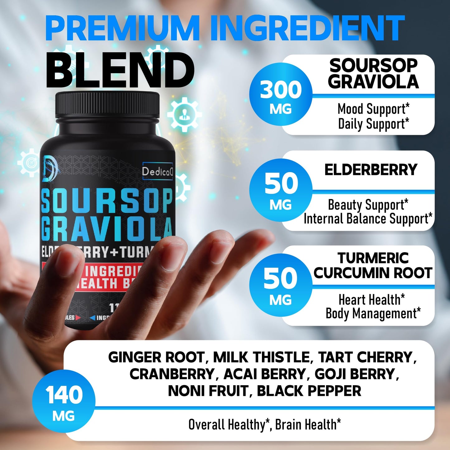 DEDICAD 11in1 Graviola Soursop Capsules for 5 Months Supply with Soursop Fruit, Elderberry, Turmeric, Ginger, Milk Thistle, Cranberry & More - Mood - 150 Vegan Capsules DEDICAD buy supplements Au