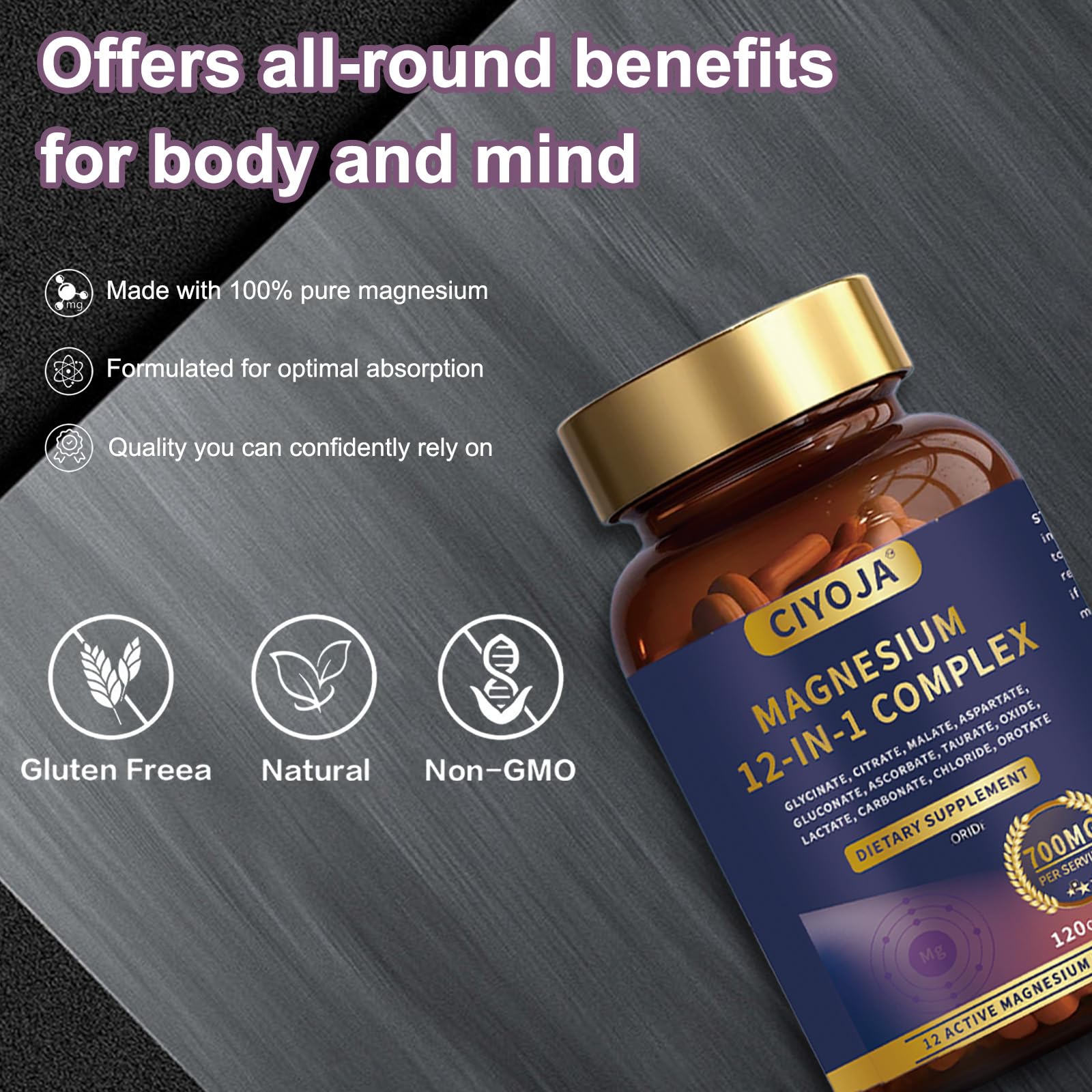 12-in-1 Magnesium Complex for Women Men: Magnesium Glycinate 700mg with Citrate, Malate Taurate Chelated Forms - High Absorption Magnesium Supplement for Relaxation Muscle Heart - 120 Vegan Capsules CIYOJA buy supplements Au