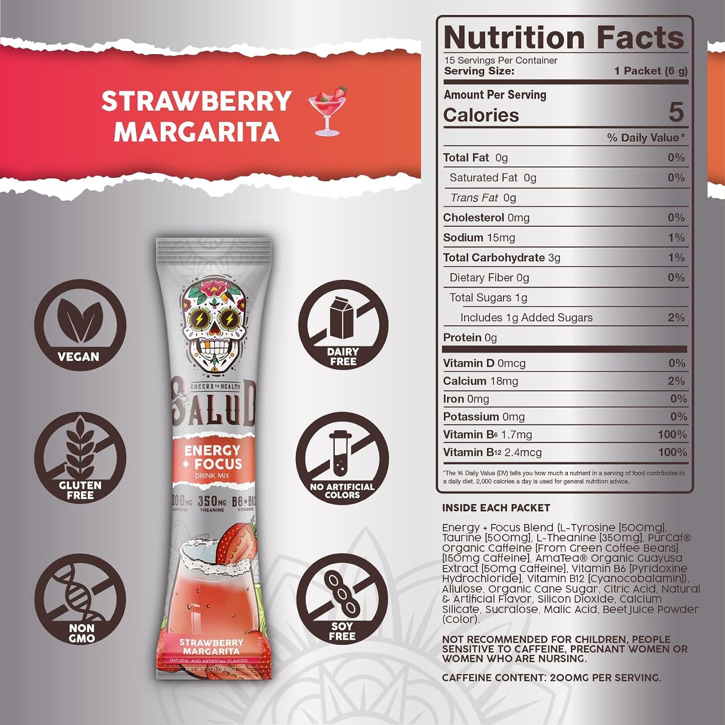 Salud 2-Pack | 2-in-1 Energy + Focus (Strawberry Margarita) & Energy + Focus (Hibiscus) – 15 Servings Each, Agua Fresca Drink Mix, Non-GMO, Gluten Free, Vegan, Low Calorie, 1g of Sugar