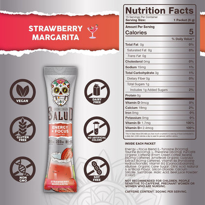 Salud 2-Pack |2-in-1 Energy + Focus (Guava) & Energy + Focus (Strawberry Margarita) – 15 Servings Each, Agua Fresca Drink Mix, Non-GMO, Gluten Free, Vegan, Low Calorie, 1g of Sugar