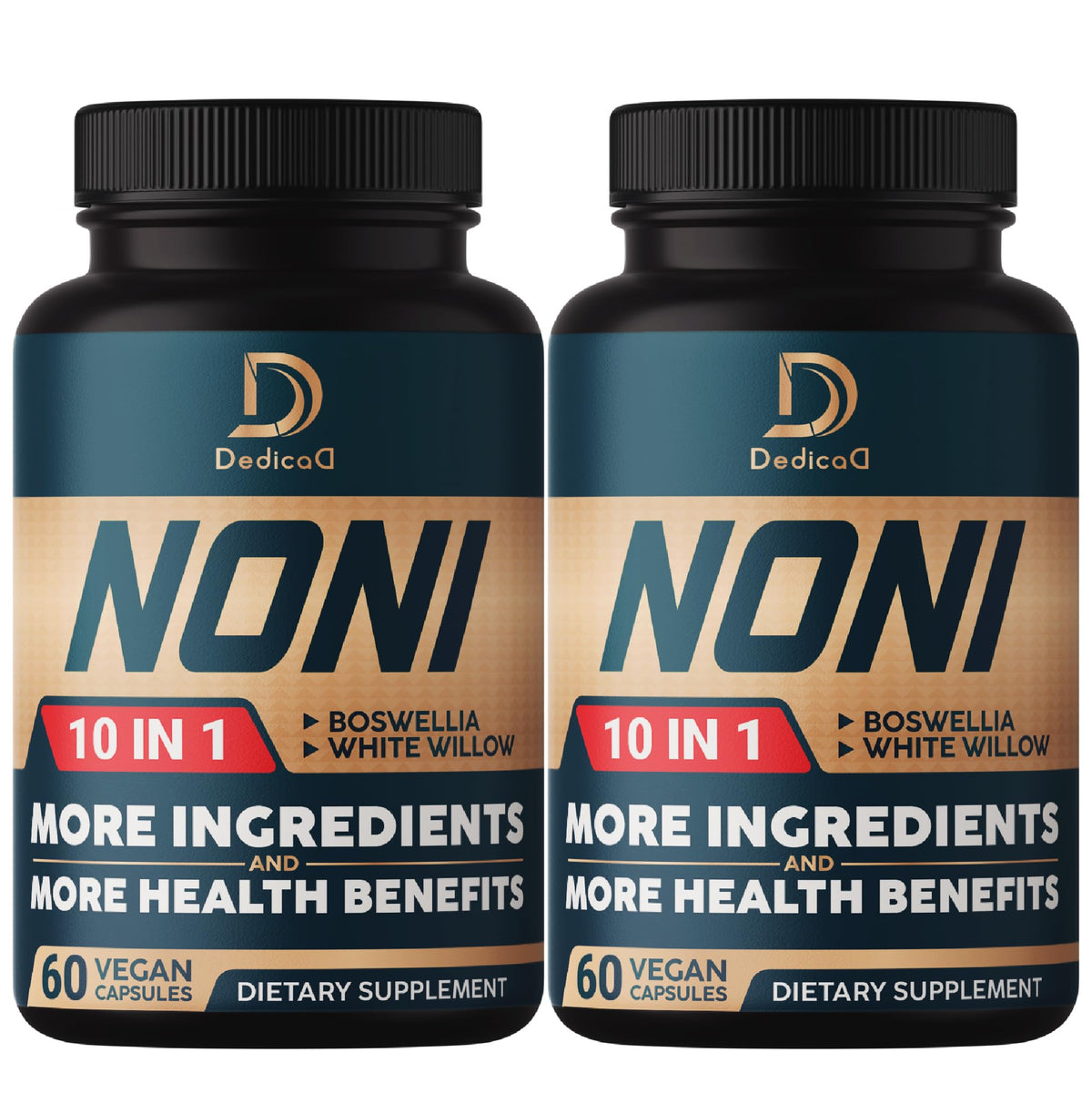 Two bottles of Dedica Noni dietary supplement on a white background