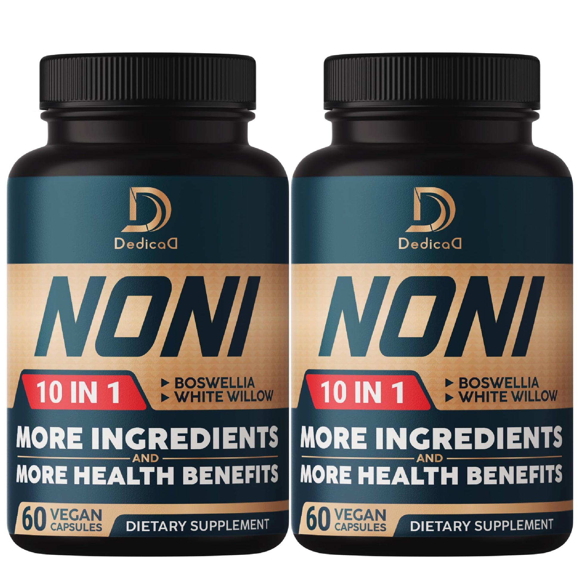 Two bottles of Dedica Noni dietary supplement on a white background