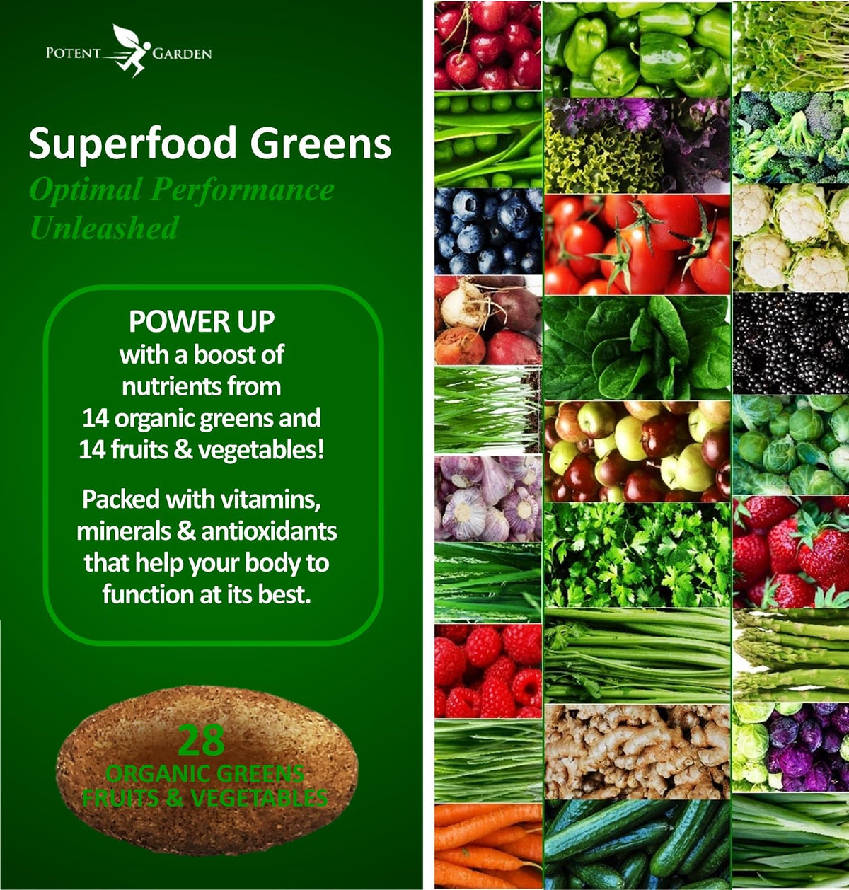 Potent Garden Organic Superfood Greens, Fruit and Veggies Supplement Rich in Vitamins & Antioxidants with Alfalfa, Beet Root & Tart Cherry to Boost Energy, Immunity & Gut Health, Greens Tablets 60 Ct Potent GardenBuy Supplements Australia