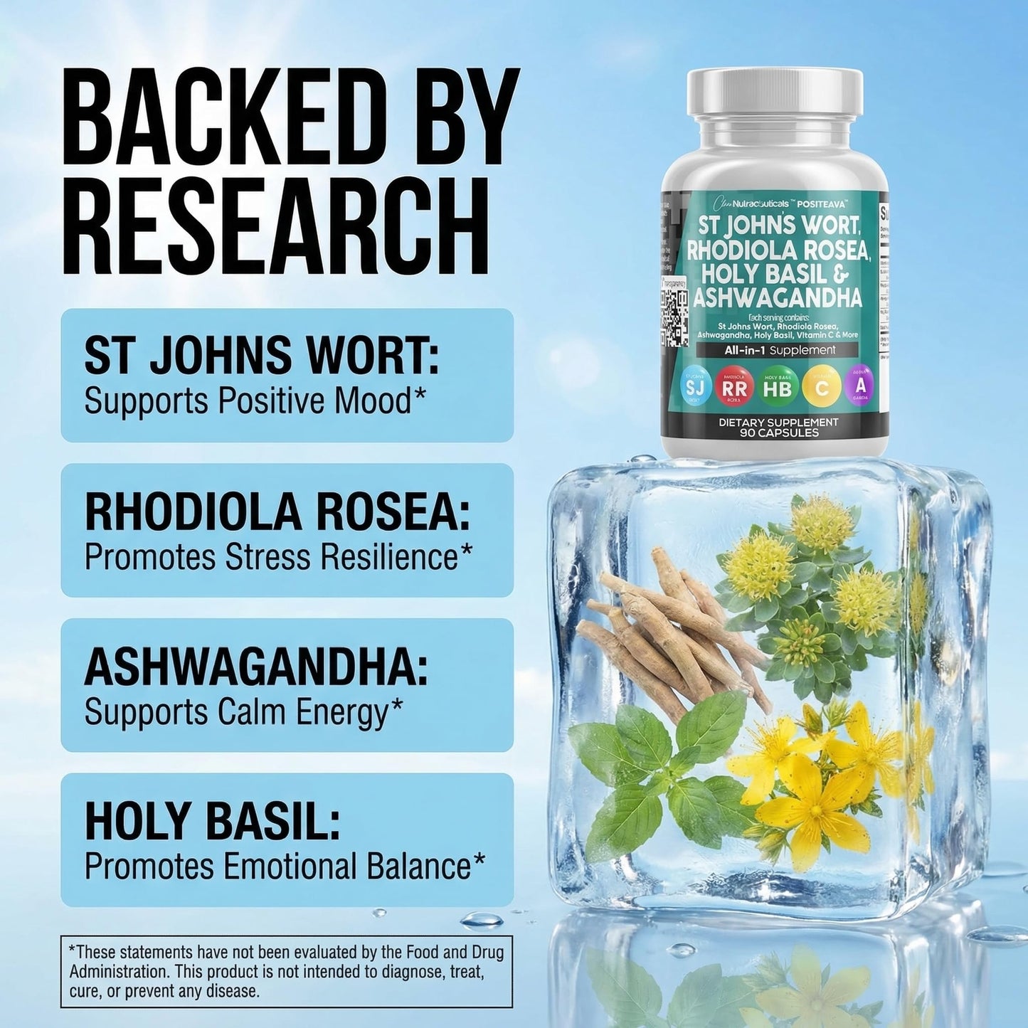 Clean Nutraceuticals St Johns Wort Rhodiola Rosea Holy Basil Ashwagandha - Mood Support for Women and Men with Vitamin C & Black Pepper Extract - 90 Caps