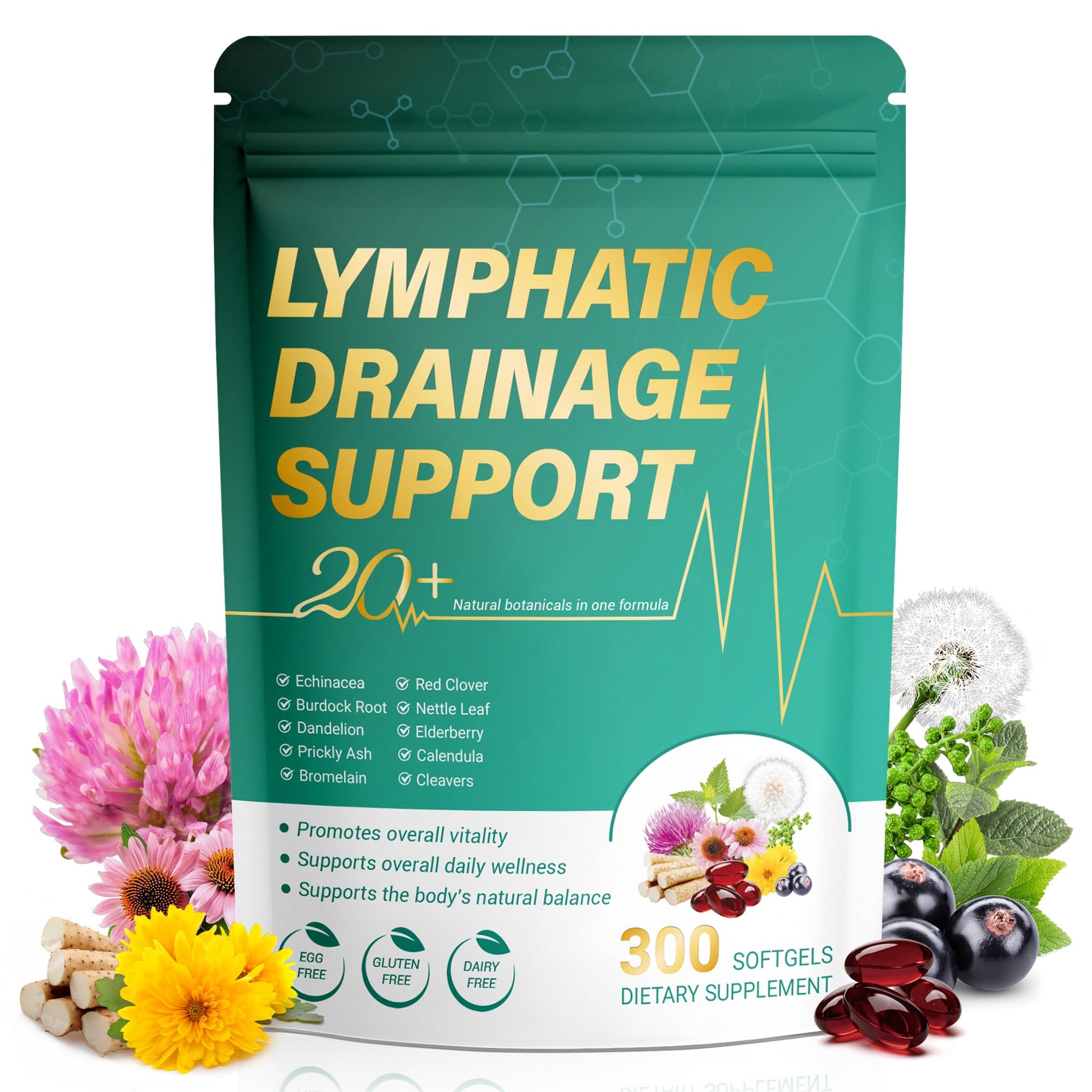 Kaseano Lymphatic Drainage Supplement 300 Softgels 21-in-1 Herbal Blend with Echinacea, Dandelion, Burdock Root Lymph System Support Fluid Balance & Immune System for Women & Men Kaseano buy supplements Au