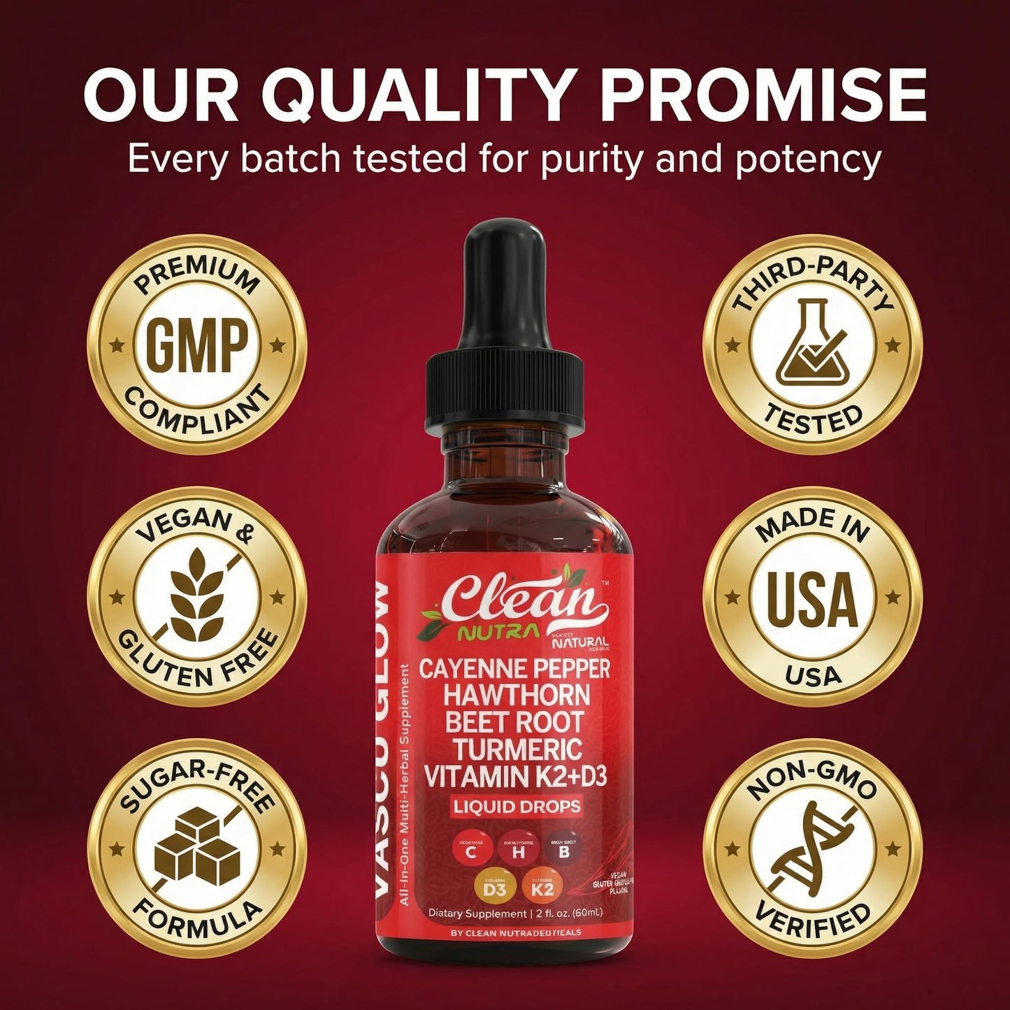 Clean Nutra Cayenne Pepper Drops Supplement Liquid + Hawthorn Berry, Vitamin D3 K2 Beet Root Powder, Ceylon Cinnamon, Turmeric Curcumin