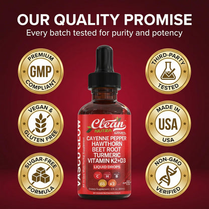 Clean Nutra Cayenne Pepper Drops Supplement Liquid + Hawthorn Berry, Vitamin D3 K2 Beet Root Powder, Ceylon Cinnamon, Turmeric Curcumin