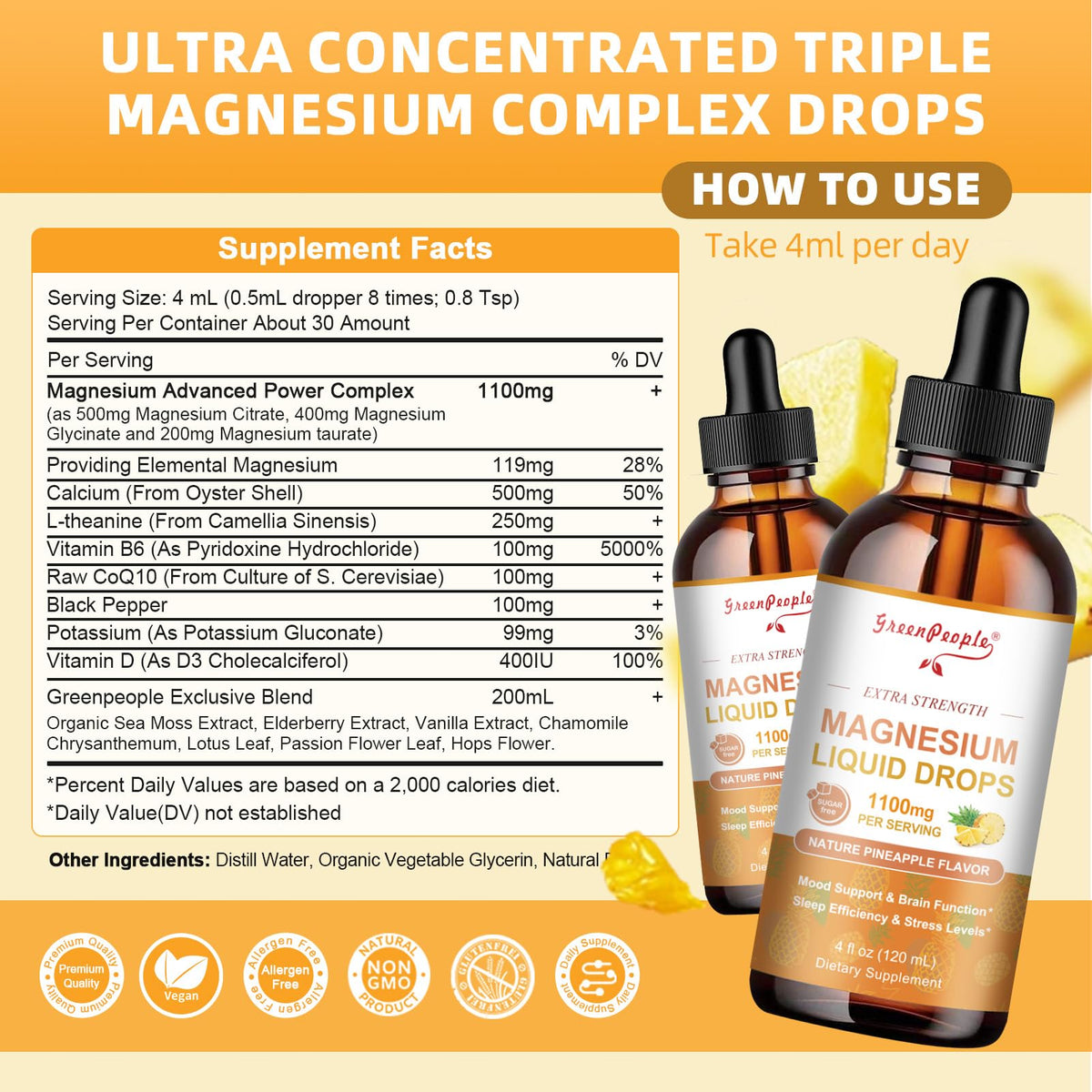 GREENPEOPLE 17-in-1 Triple Magnesium Complex Supplement,Magnesio Liquid Drops with Magnesium Glycinate & Citrate,Pineapple Flavor,Calm Mood,Muscle & Sleep for Adults,4 fl. oz 2Pack GREENPEOPLE buy supplements Au